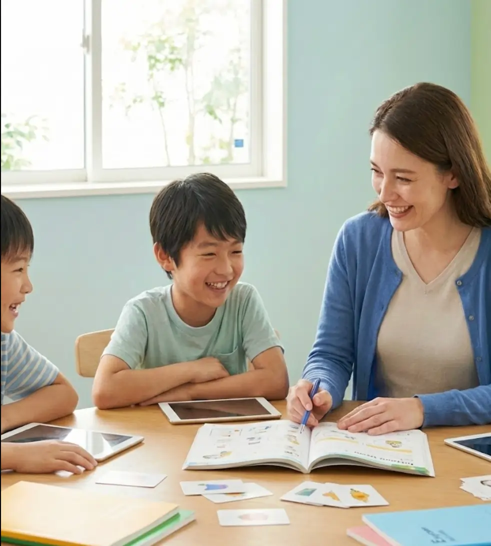 Child learning English with a mentor